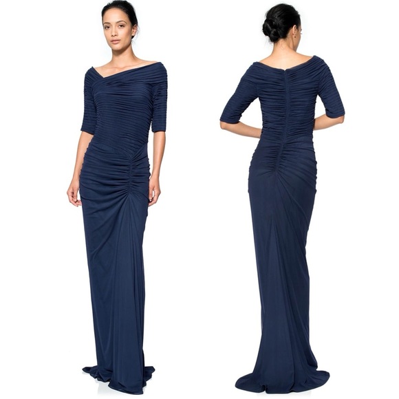 Tadashi Shoji Asymmetrical Ruched Sleeve Gown Navy - Picture 1 of 13